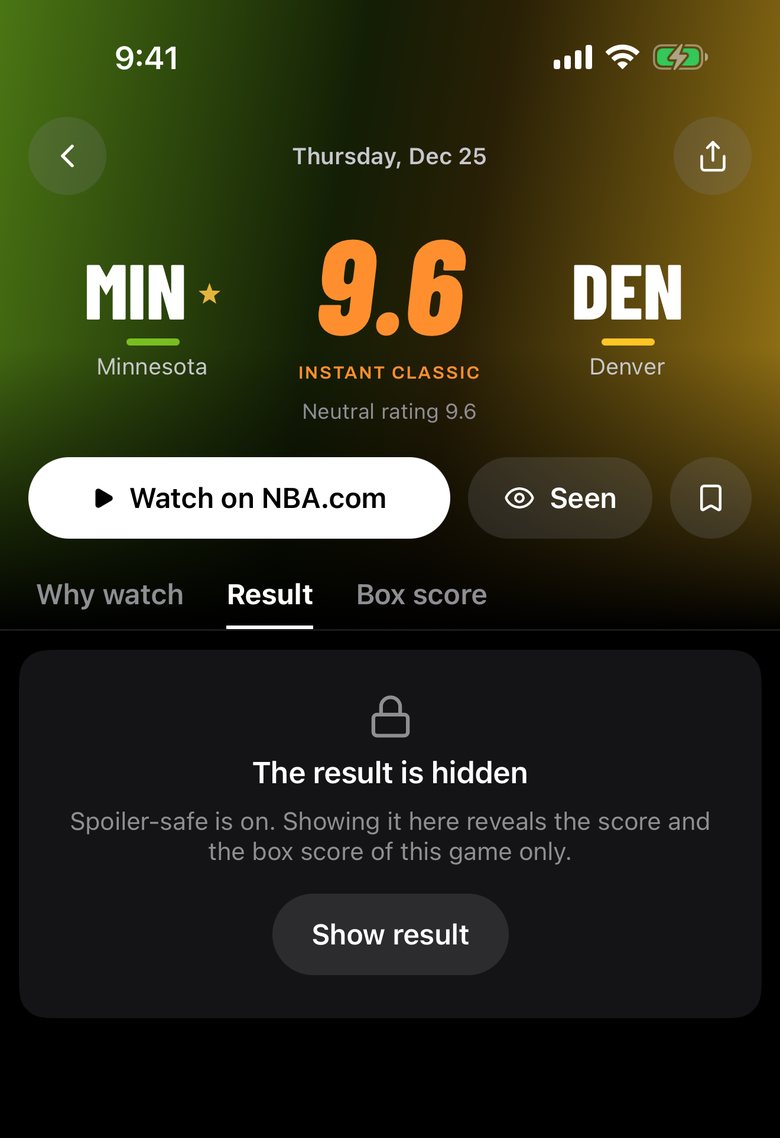 A game in the HoopRate app, Minnesota at Denver rated 9.6: the rating is shown, the result stays hidden behind a button labelled Show result.