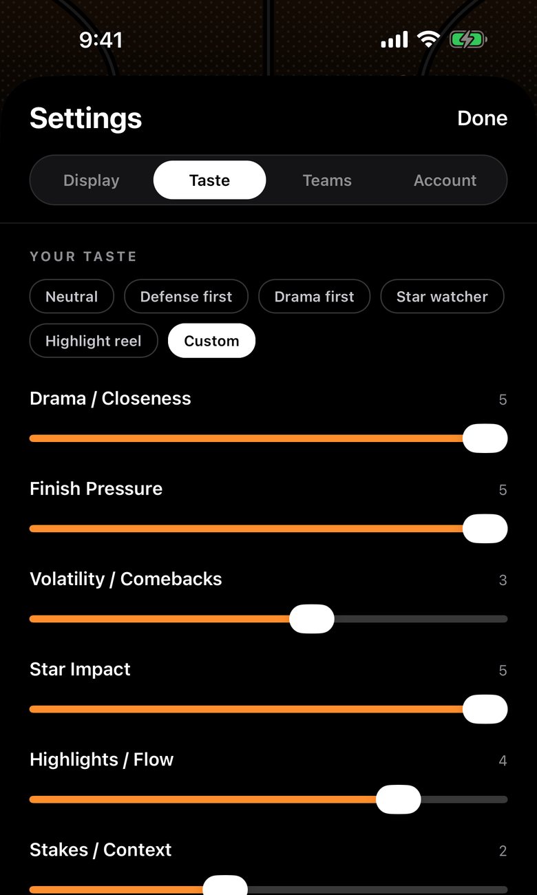 The taste settings in the HoopRate app: the five presets and a Custom chip, above one slider for each of the seven criteria.